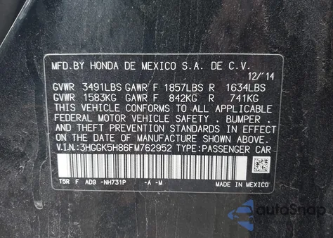 2015 Honda Fit Ex/Ex-L from USA, damaged, VIN 3HGGK5H86FM762952